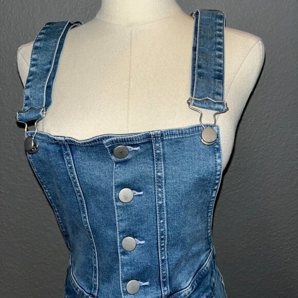 MO&Co. Blue Denim Overall Jumpsuit Front Button Bib Zip Fly Bell Bottom NWOT XS - Picture 2 of 12